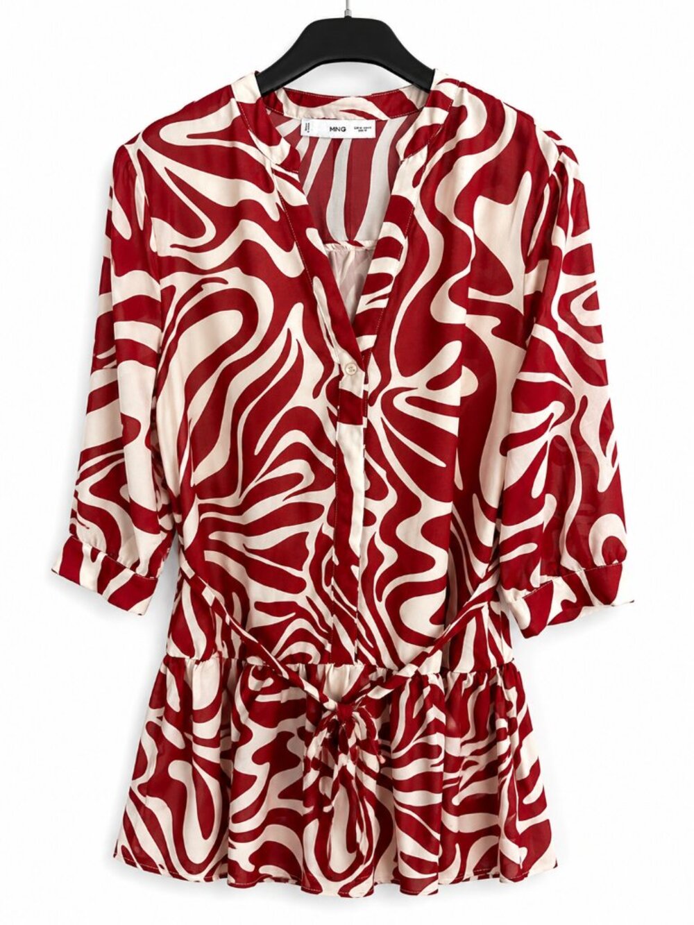 MANGO Red Beige Swirl Print Belted Mini Tunic Dress Size 6